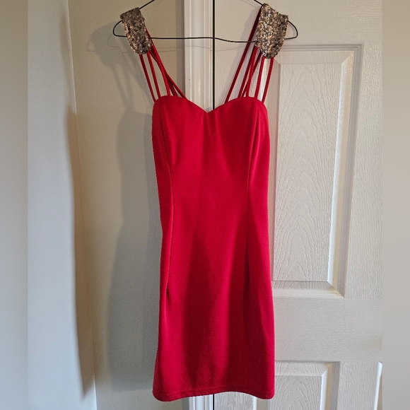 TCEC Strappy Red Dress sequin shoulders size Large - Picture 1 of 4